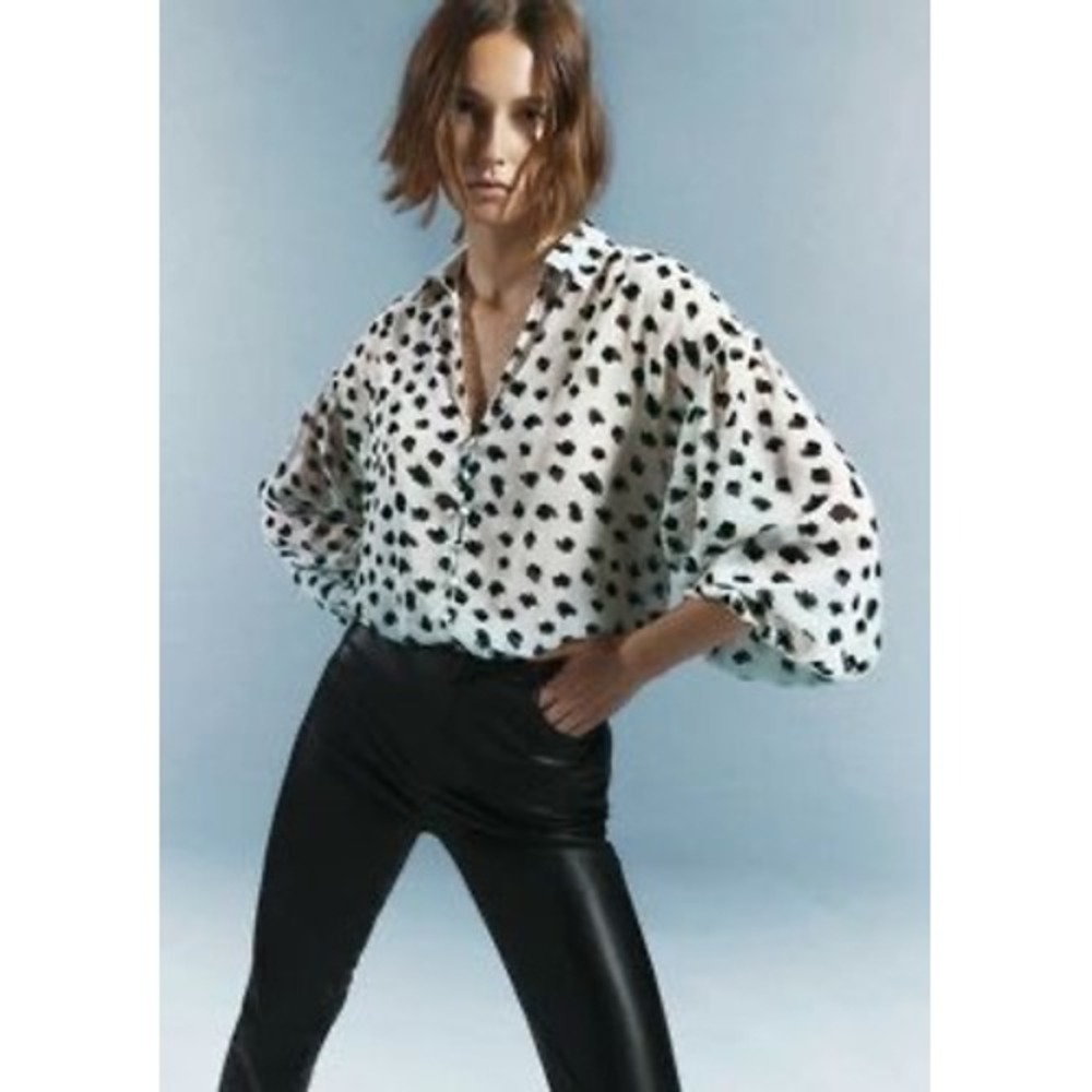 Zara Women White Black Leopard Print Balloon Sleeve Button Down Blouse XS